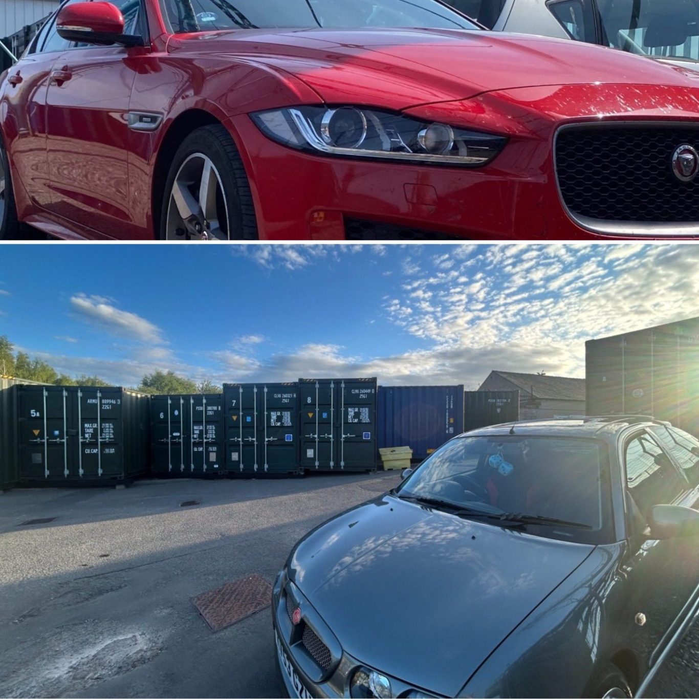 silver and red car and parked infront of shipping containers highlighting the ease of turning on a self storage site.