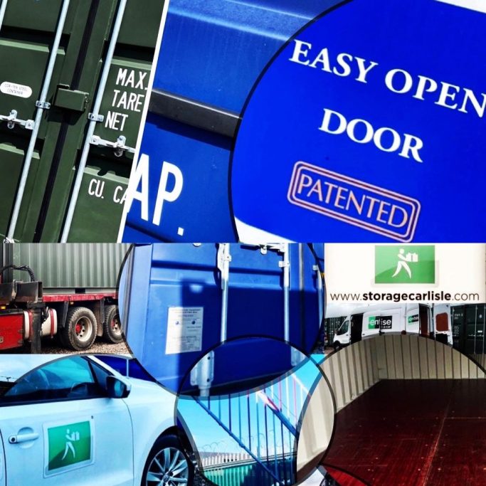 Collage of containers, a car, and signage highlighting an easy open door feature.