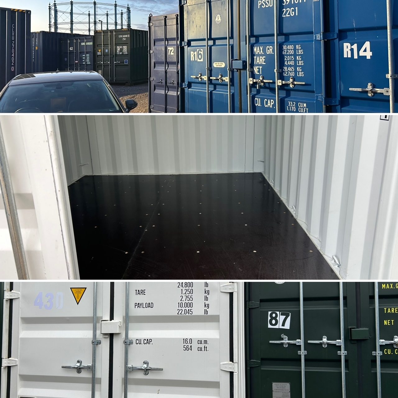 a montage of shipping containers showing an empty shipping container used for self storage