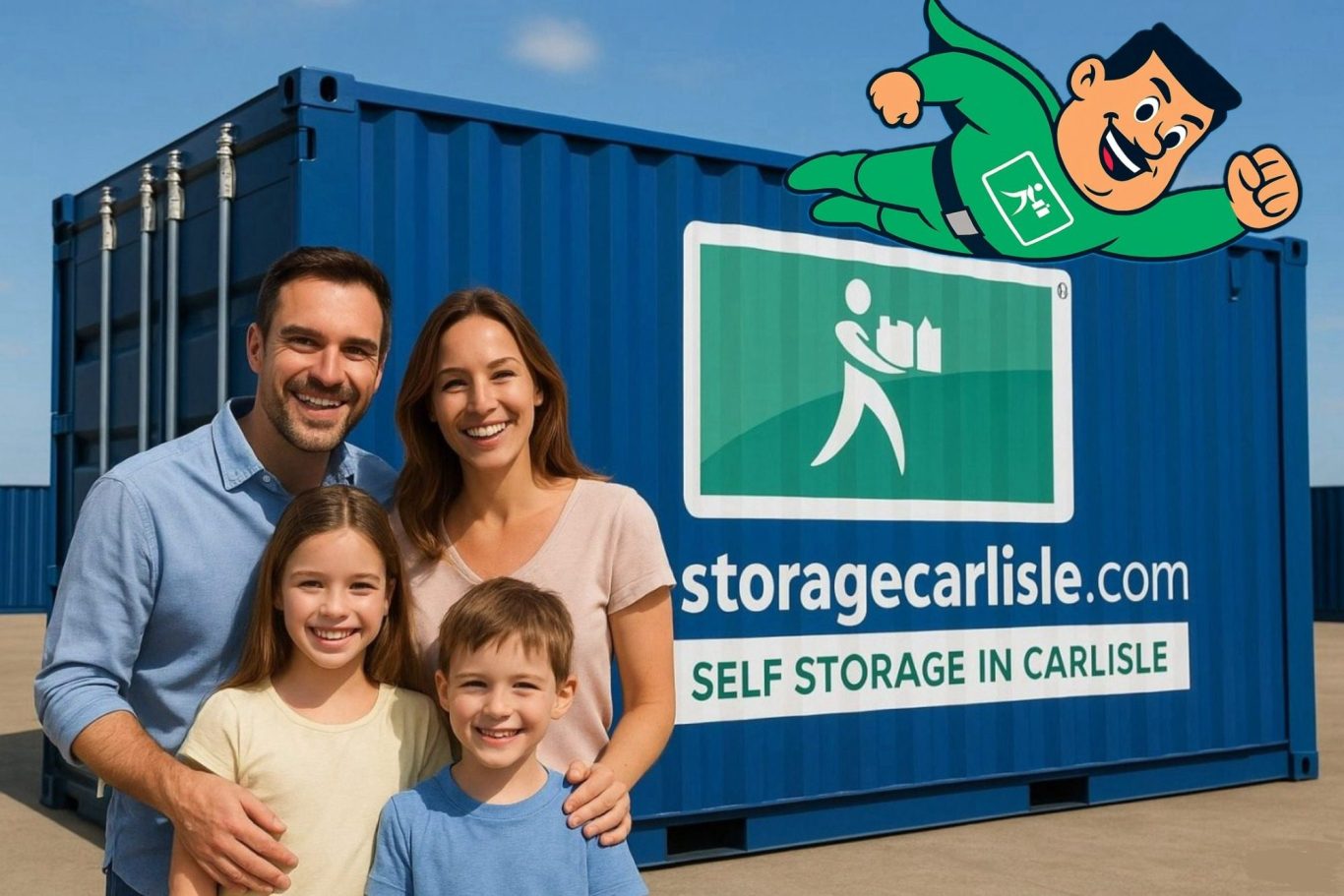 A family of four smiles in front of a blue storage container.