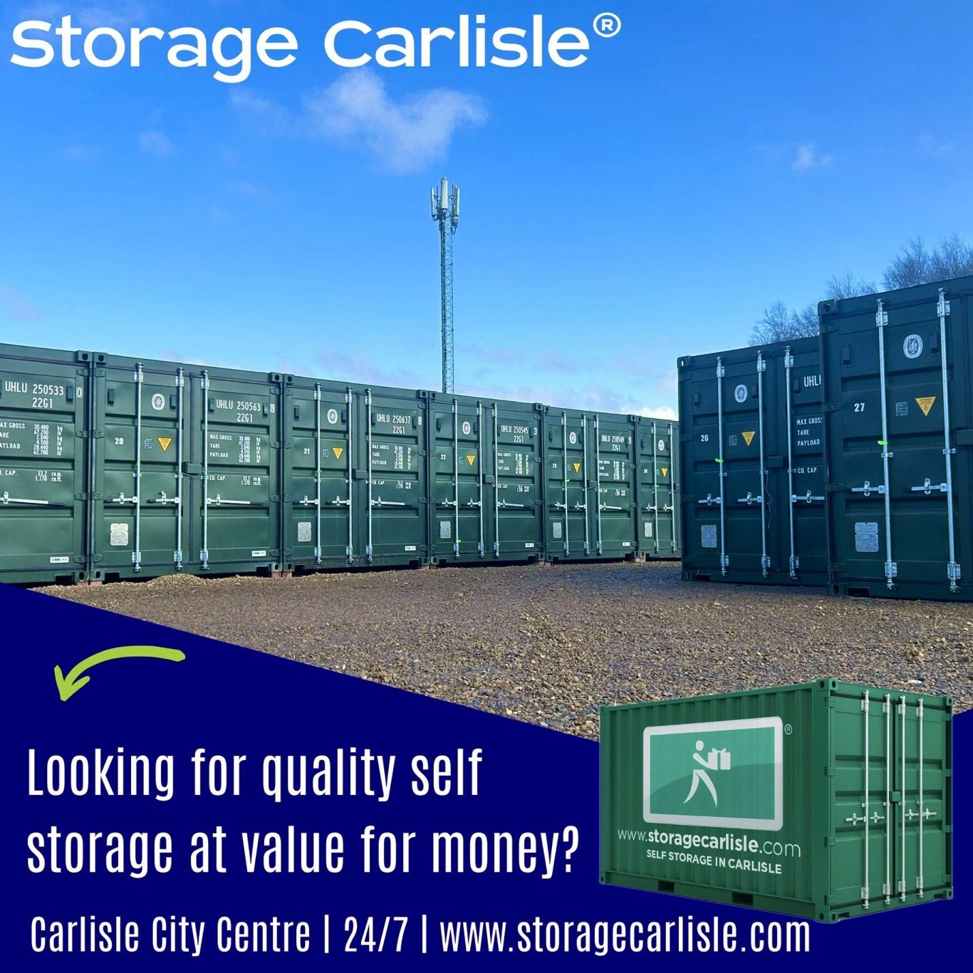 Storage containers in a secured area, promoting quality self-storage services.