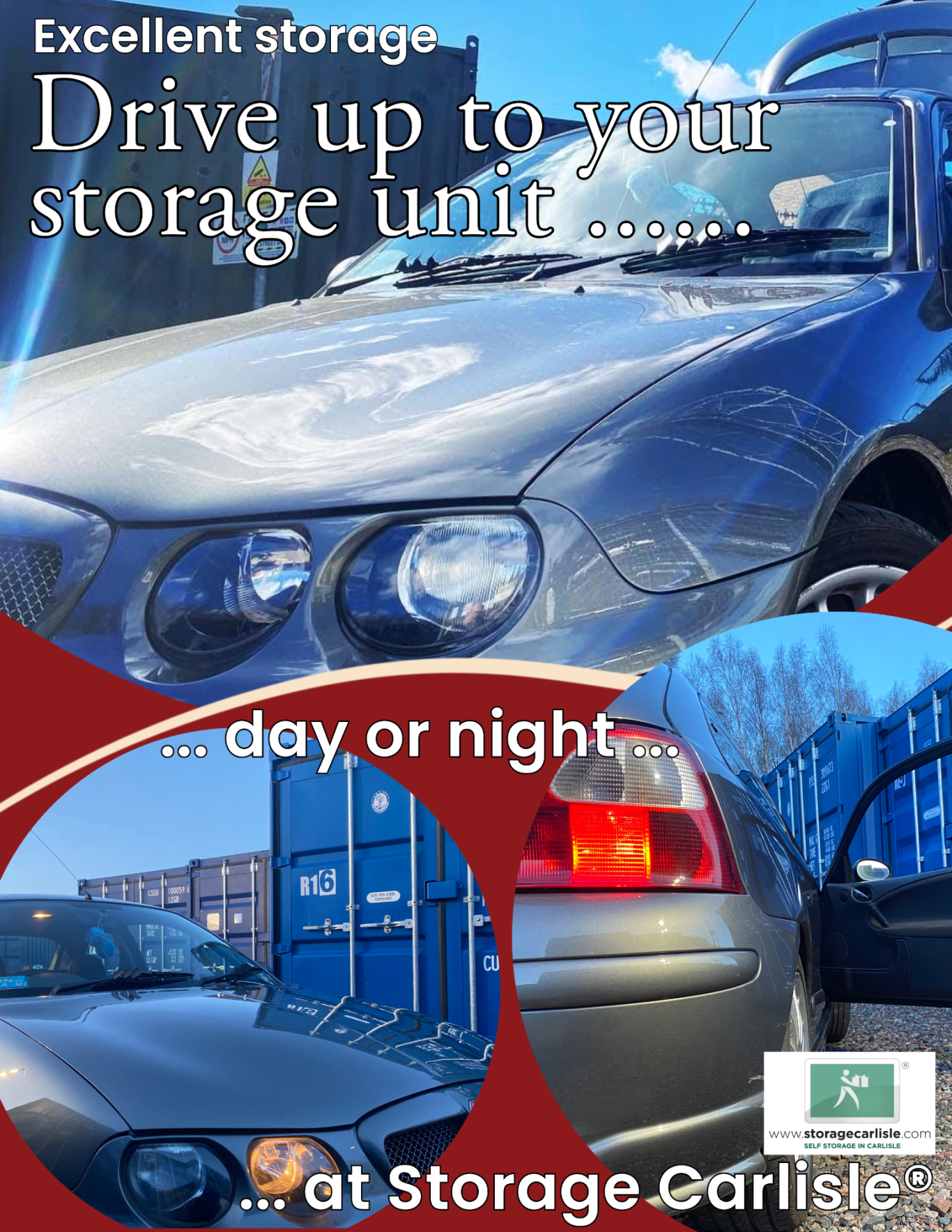 Self storage facility showing a motor car driving up to a unit