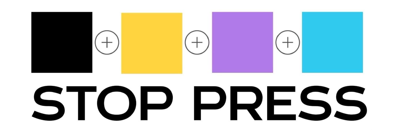 Logo with "STOP PRESS" in bold, accompanied by colour blocks in black, yellow, purple, and blue.