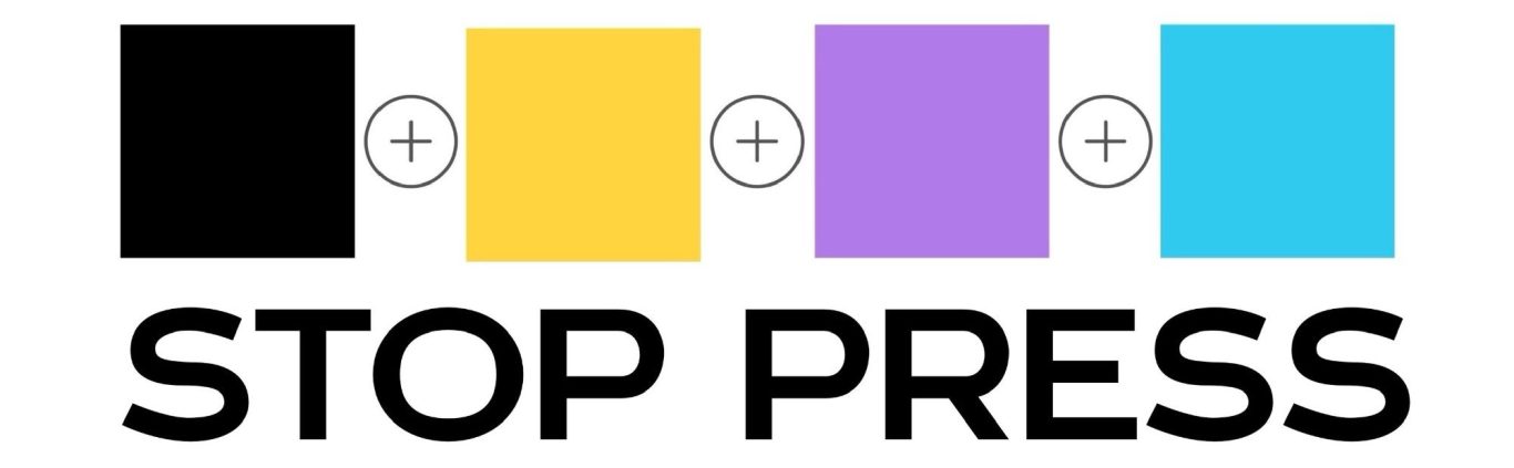 Logo featuring the words "STOP PRESS" with coloured blocks above and below.