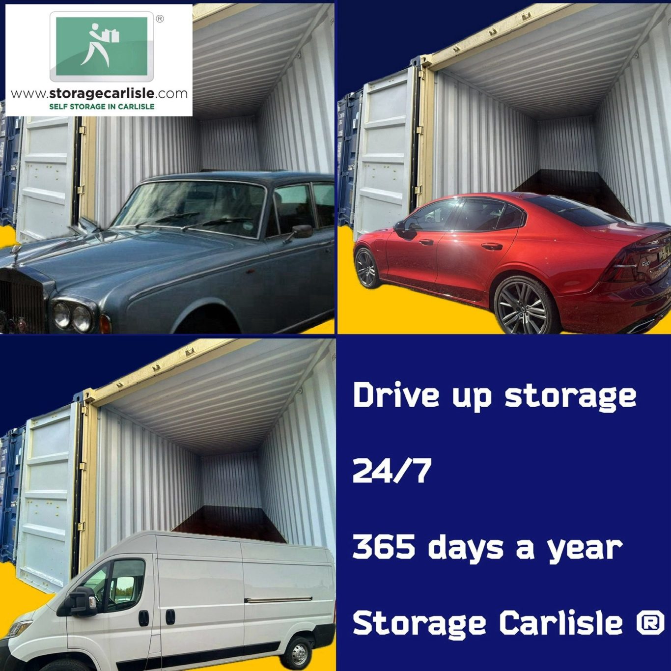 Drive-up storage facilities for cars and vans, accessible 24/7 in Carlisle.