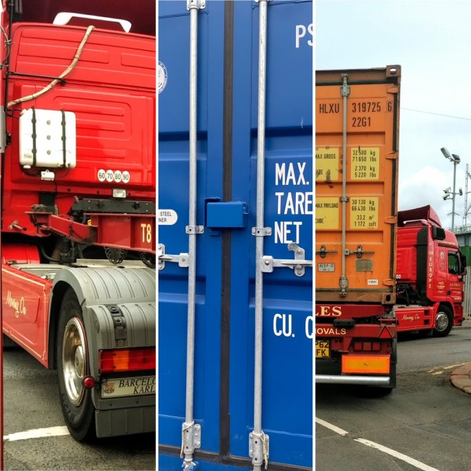 lorries on a shipping container storage site