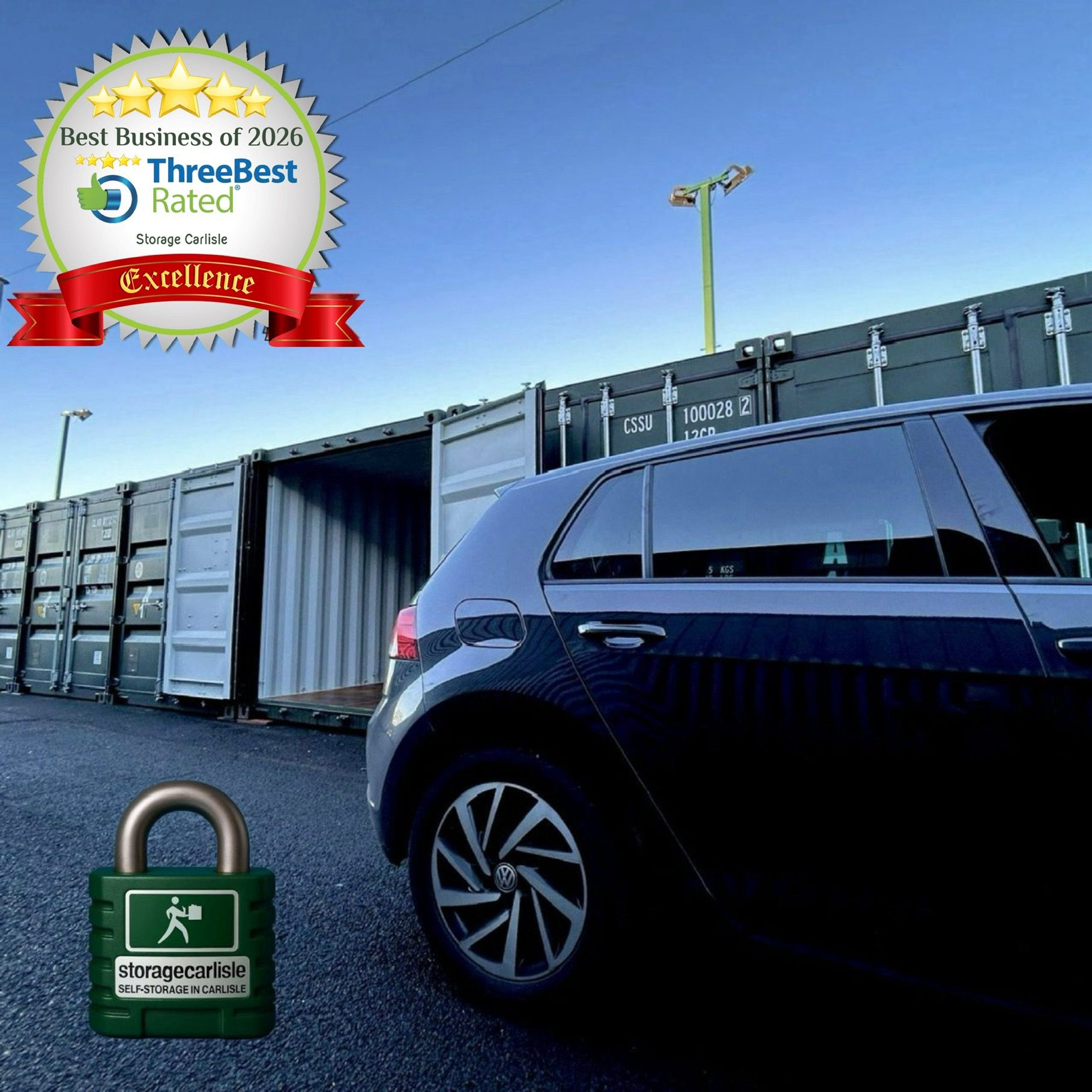 Black car parked near self storage shipping containers with a security lock icon and award badge.