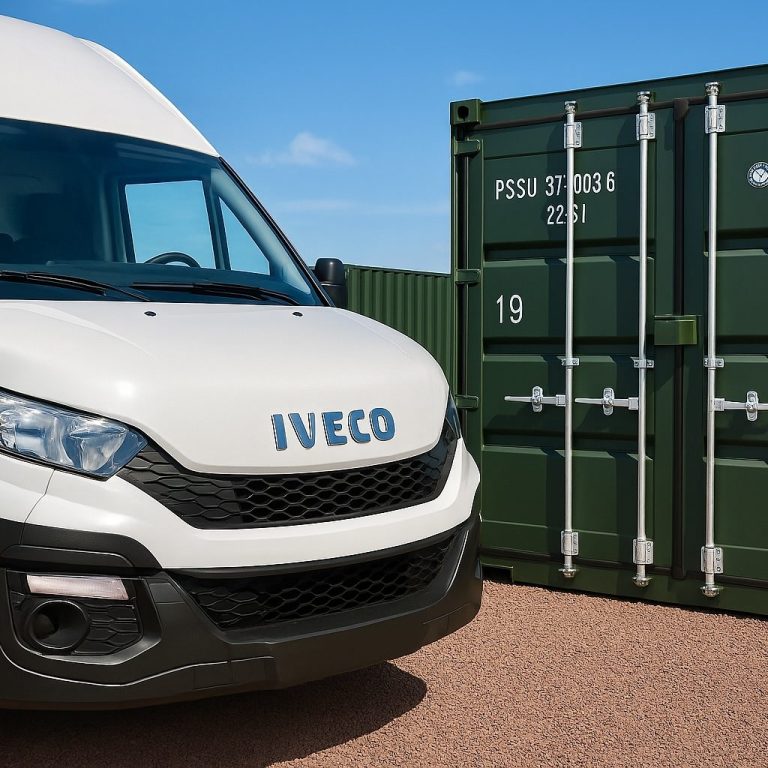 van parked next to storage units