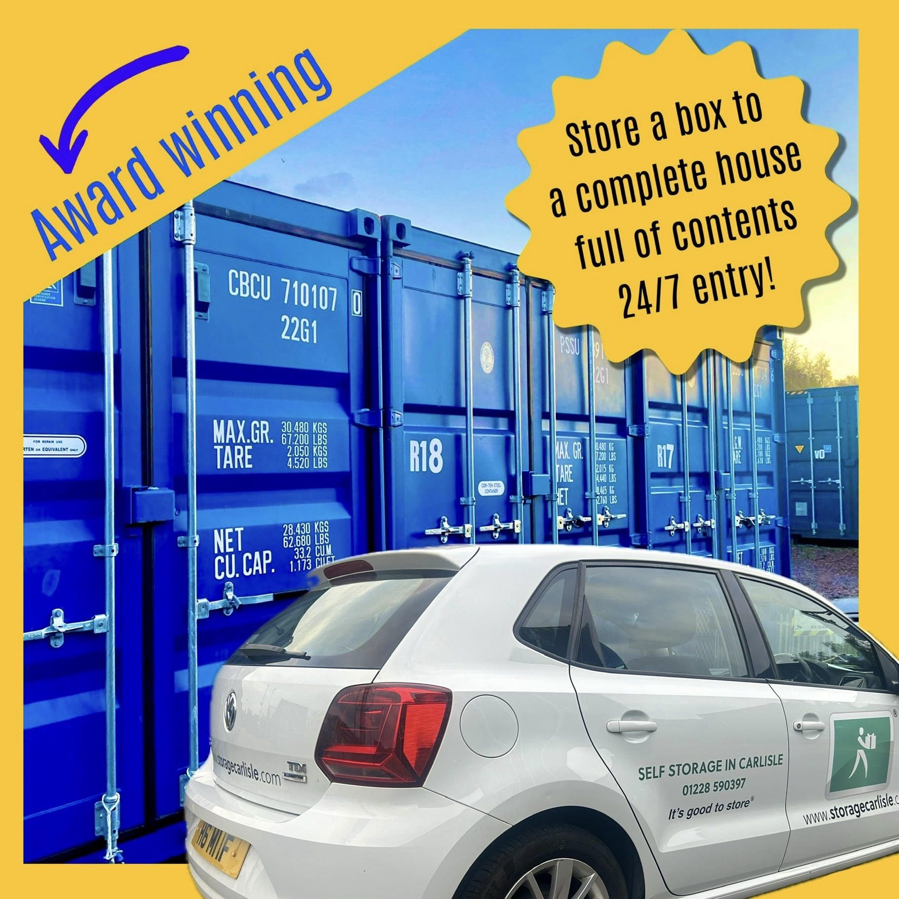 Blue shipping containers with text promoting 24/7 access and storage solutions.