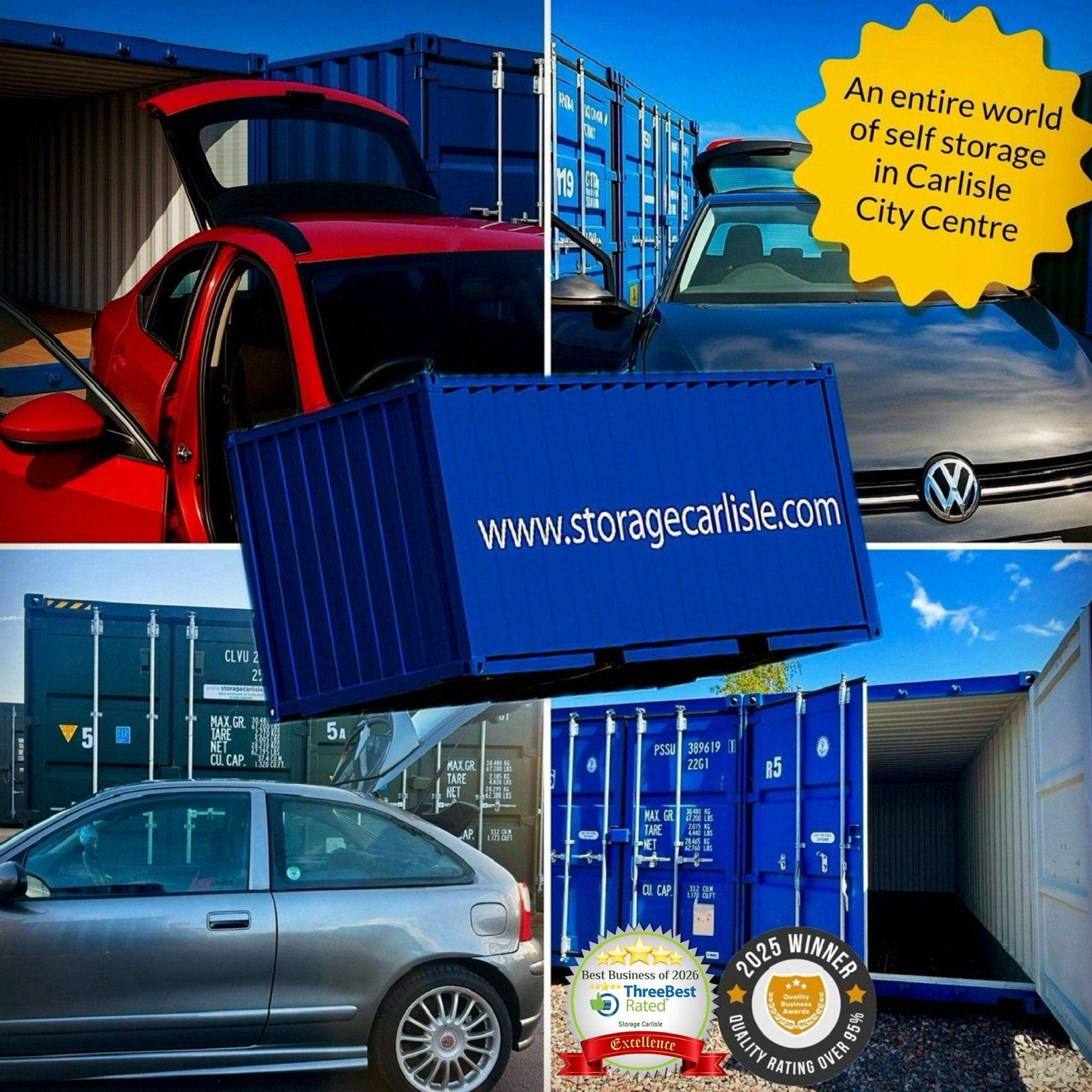 Collage of storage containers with a car unloading goods with the words "www.storagecarlisle.com" promoting self-storage services.