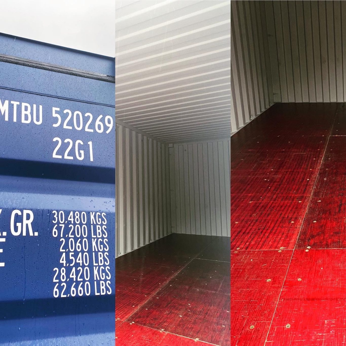 Close-up of a shipping container showing identification numbers and empty interior with eco friendly bamboo flooring