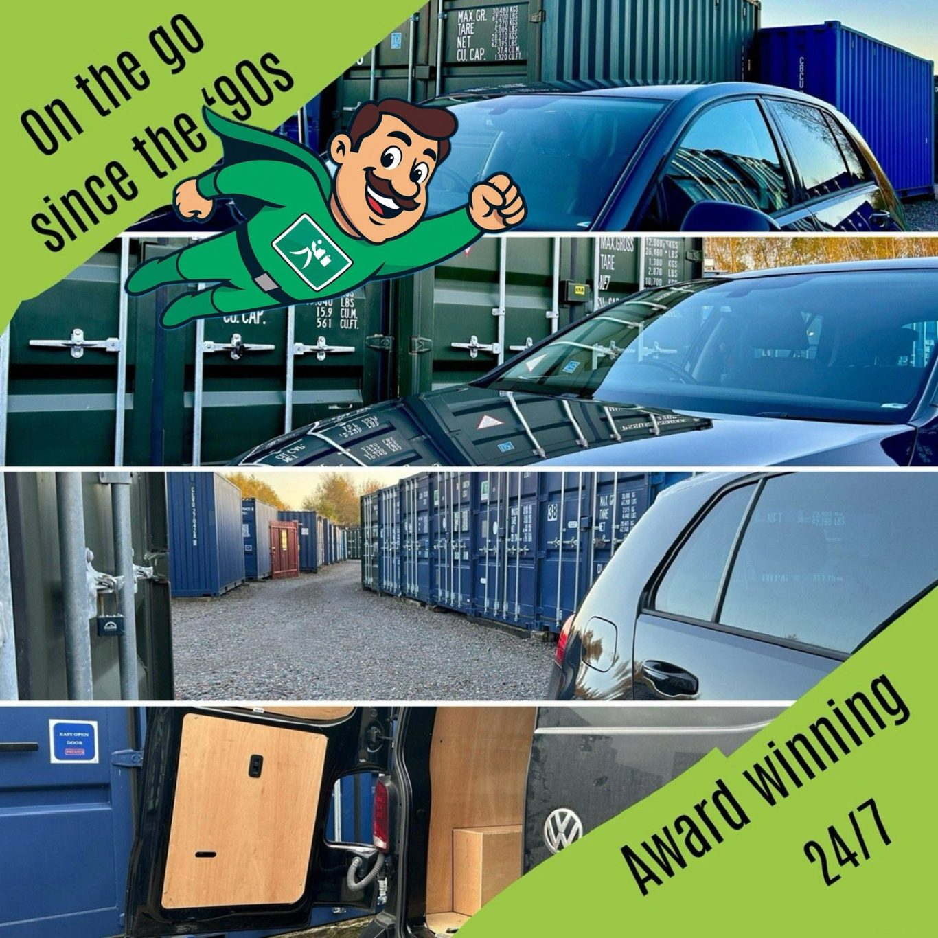 A collage of vehicles and storage shipping containers with text highlighting award-winning services.