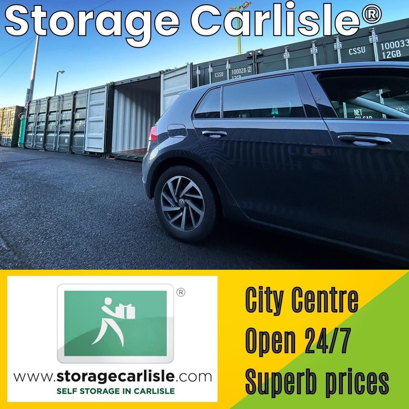 Side view of a black car parked near storage containers with promotional text for Storage Carlisle.