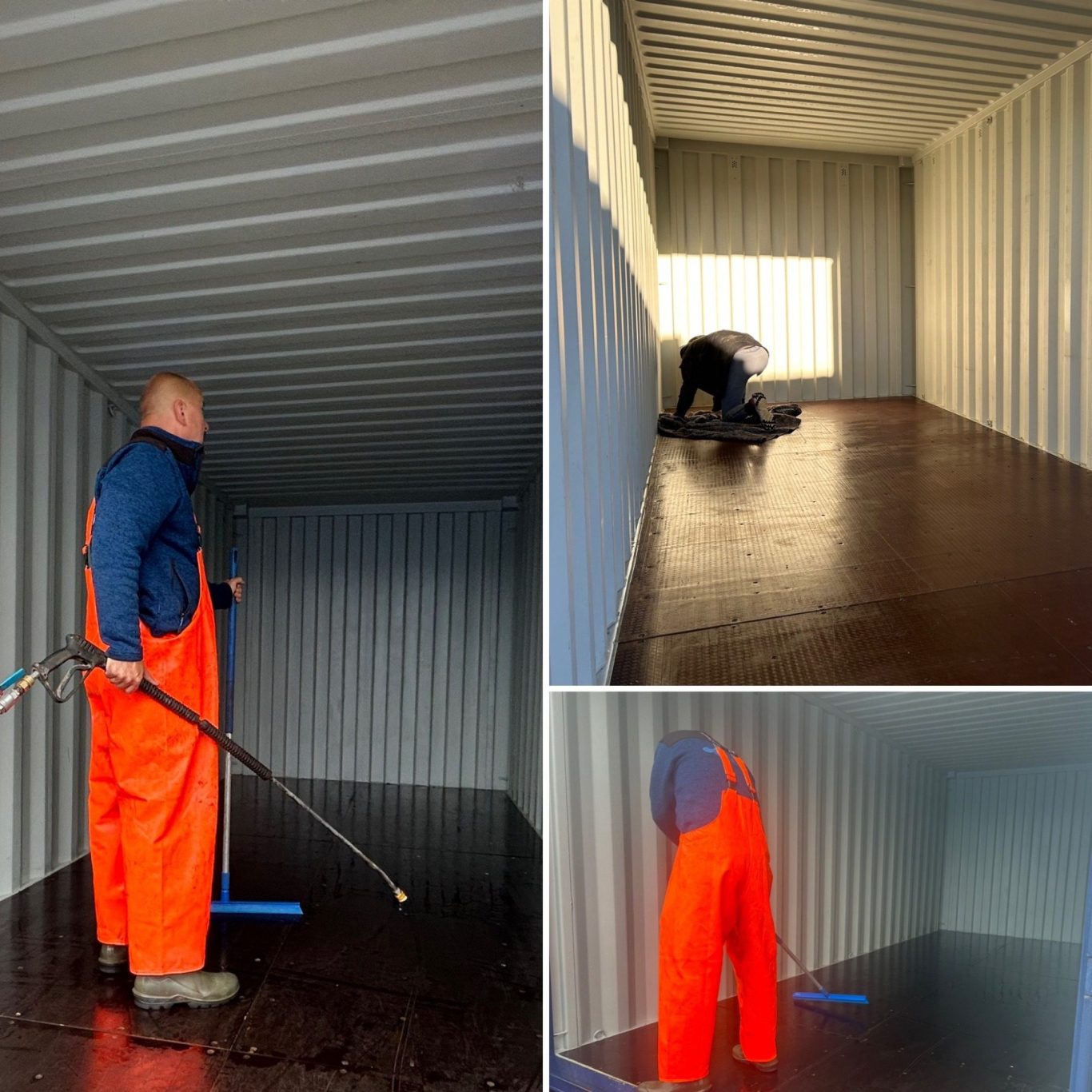 montage of a man cleaning the interior of a shipping container