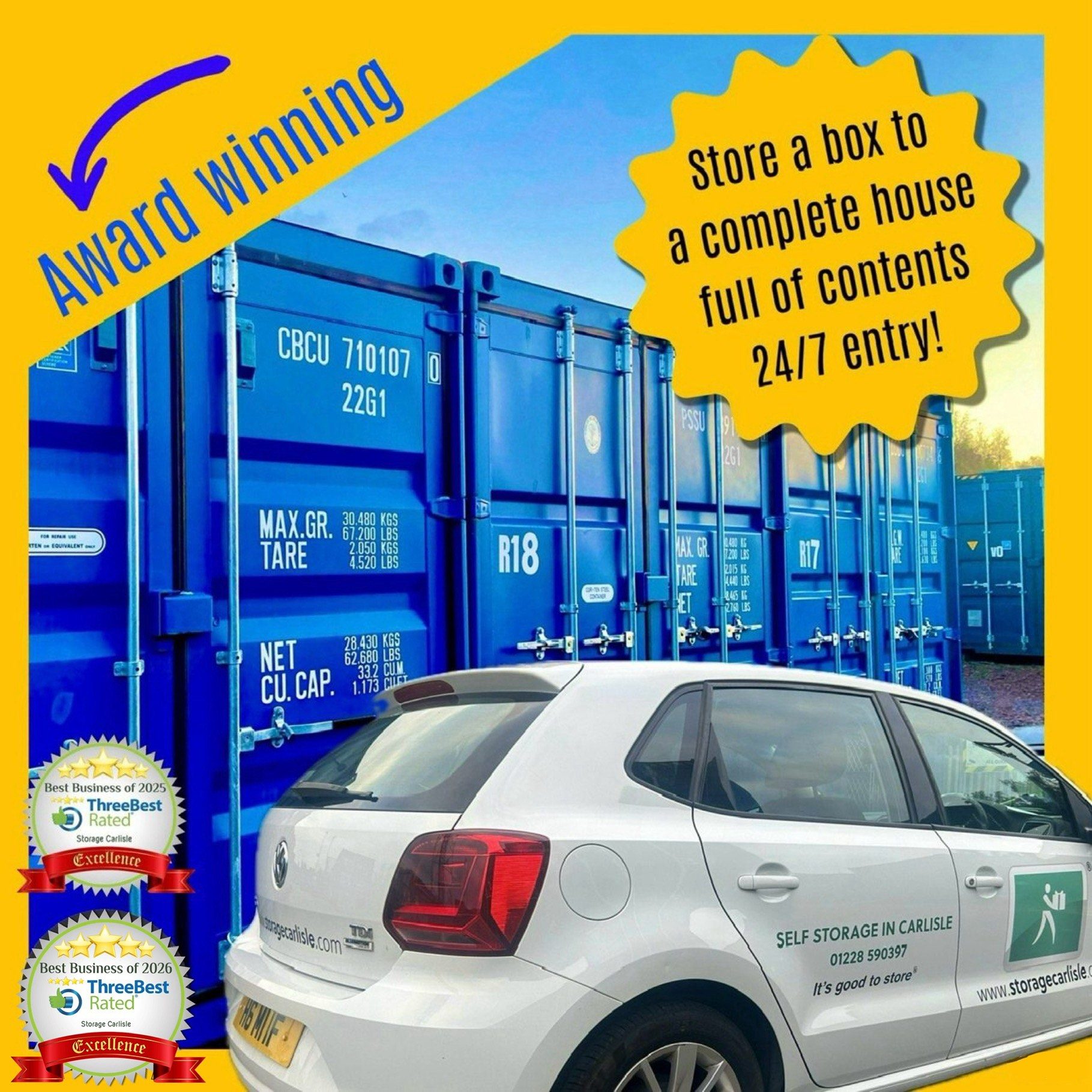 Blue shipping containers with text promoting 24/7 access and storage solutions.