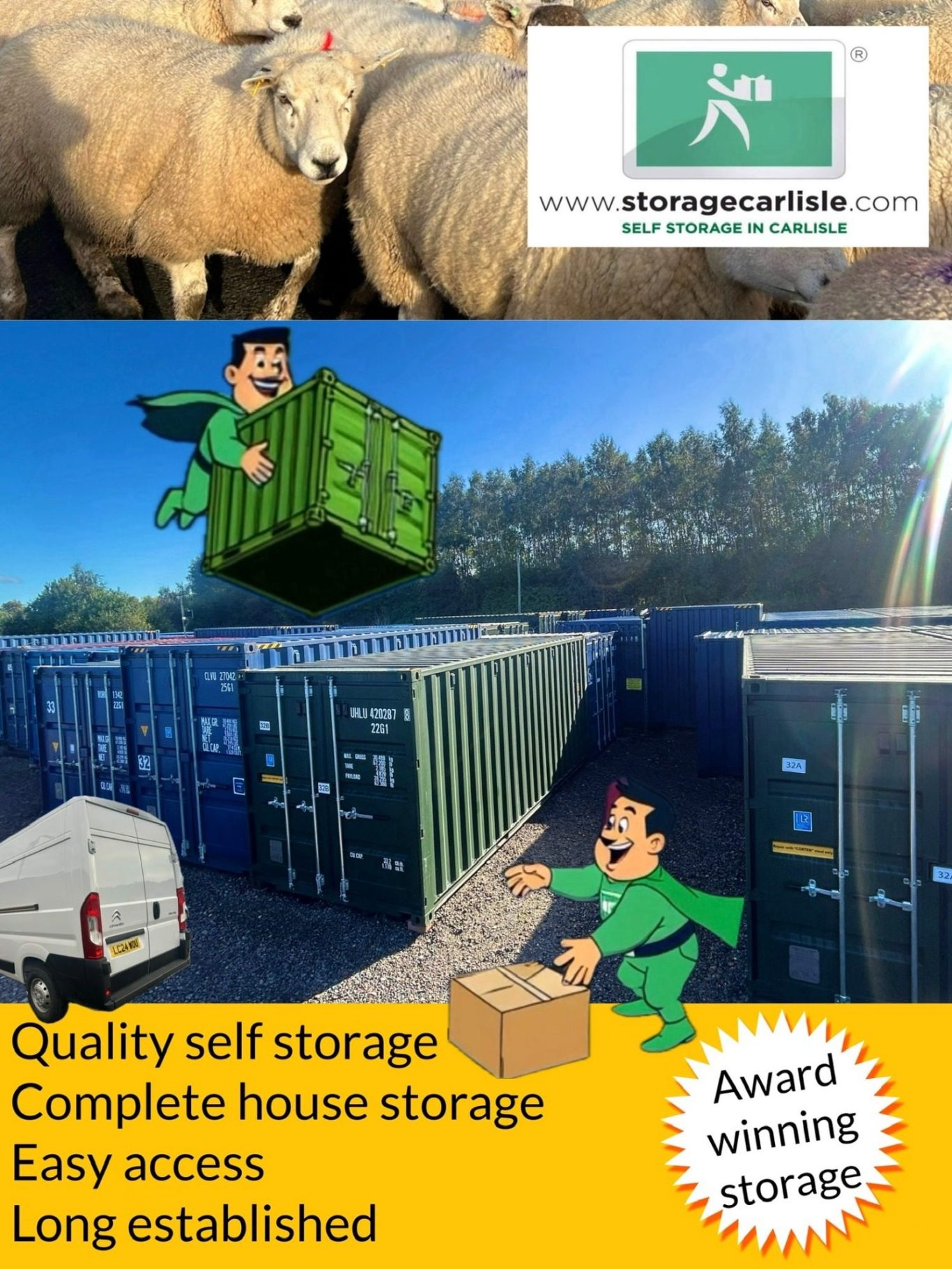 Sheep in a field with a superhero cartoon character next to self storage containers and service details.