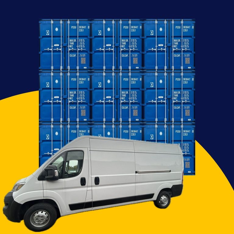 A white van in front of stacked blue shipping containers on a yellow background.