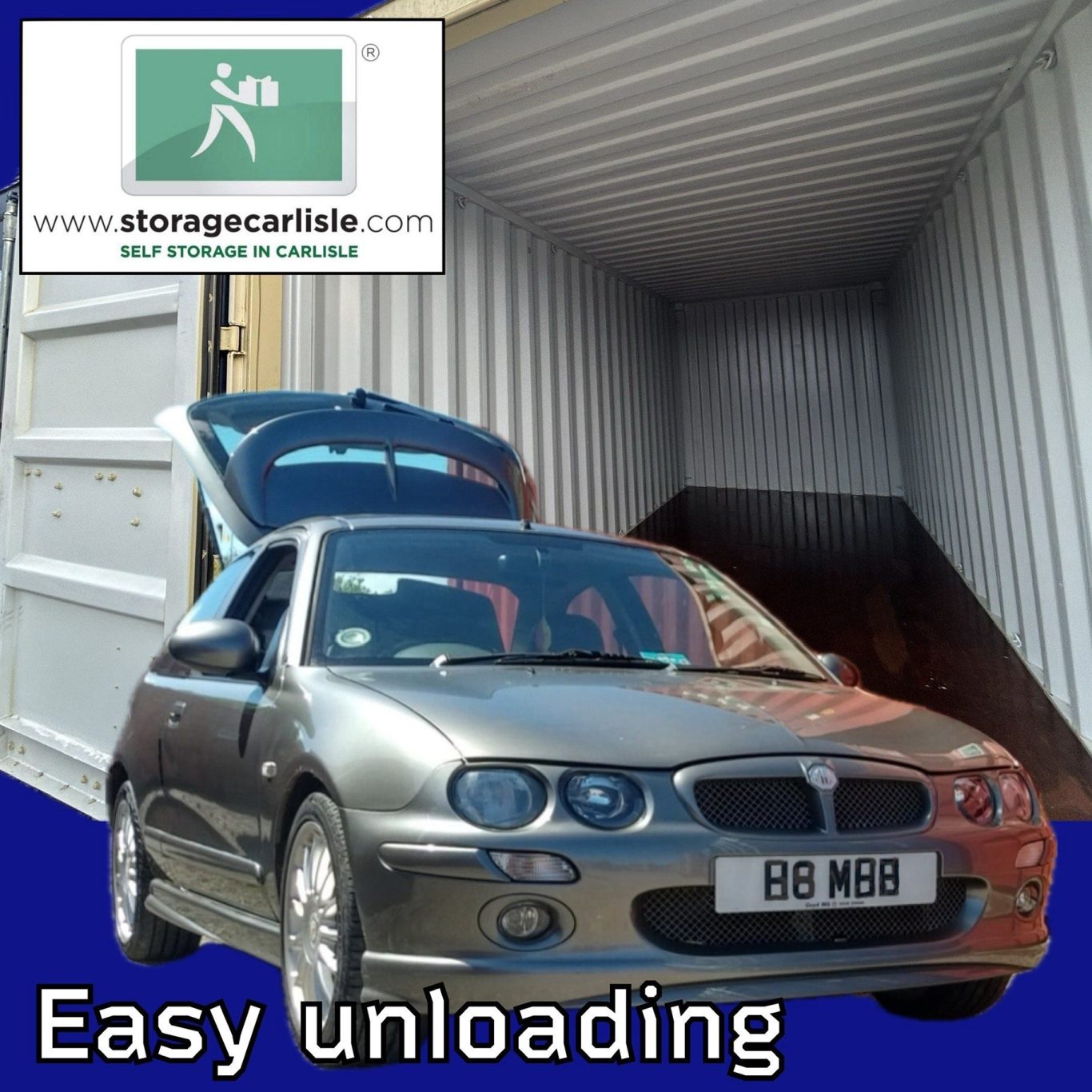 Silver car parked near a container, emphasising easy unloading features.