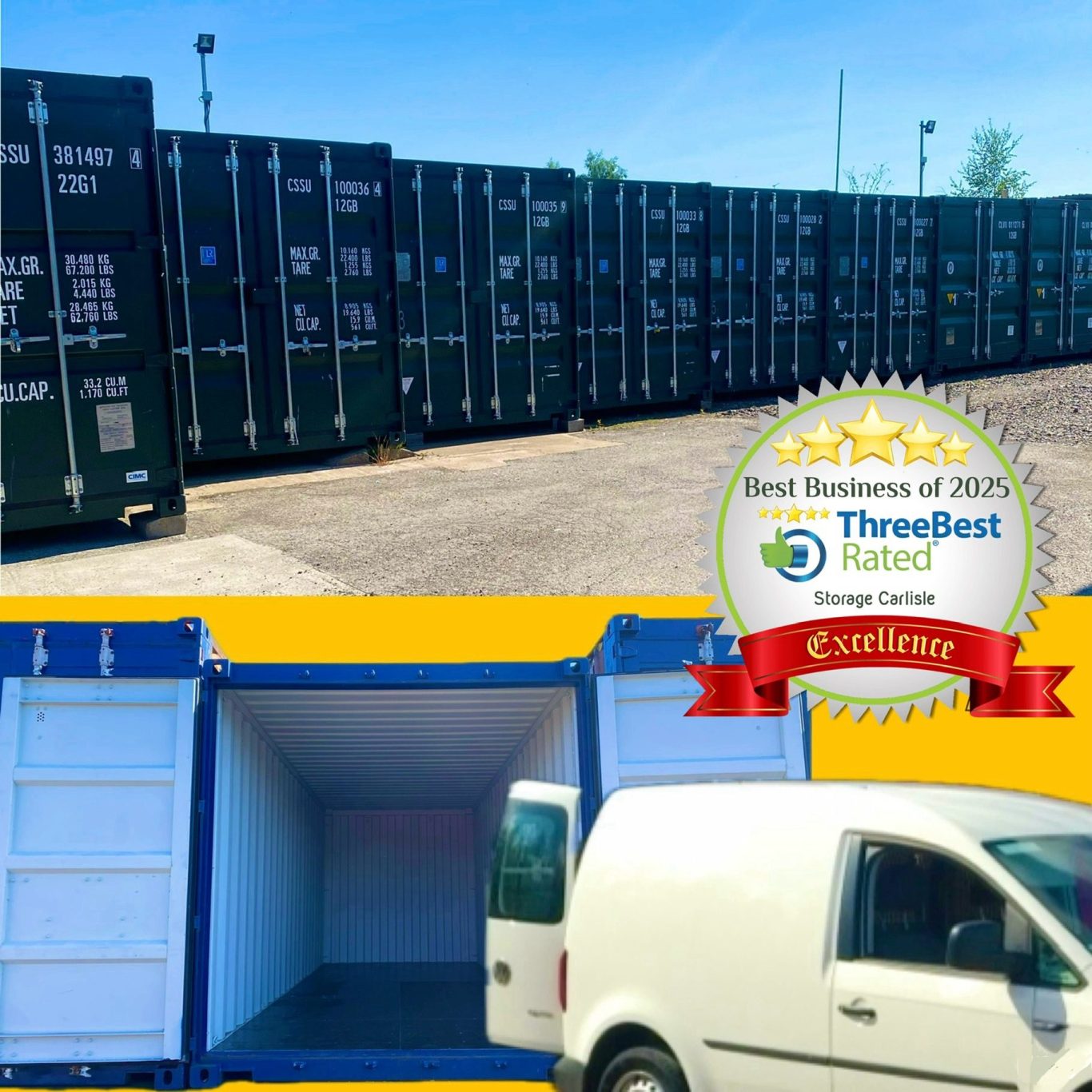 Row of shipping containers with a van and storage unit in the foreground.