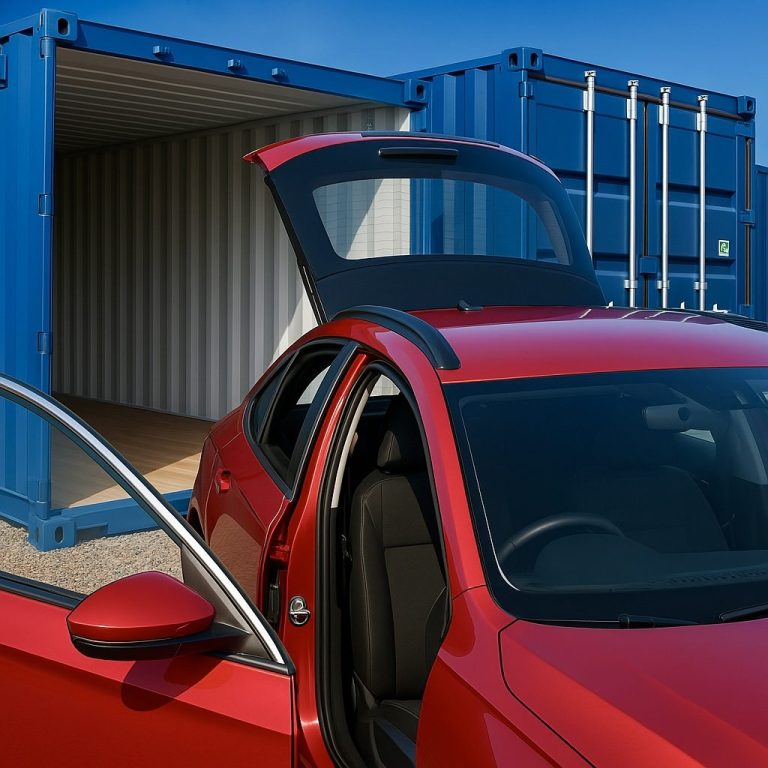 A red car parked near a blue shipping container with its boot open.