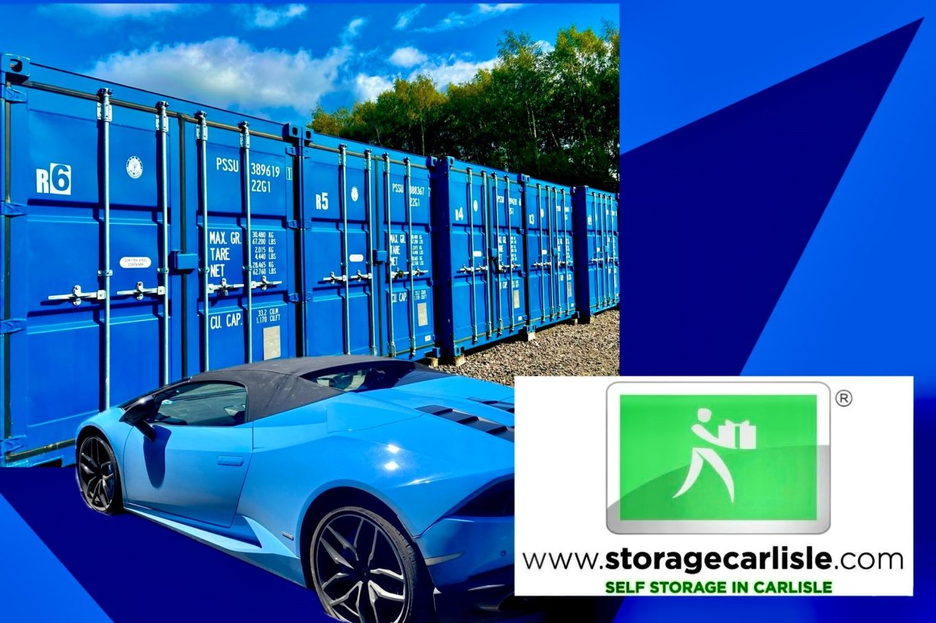 a supercar parked beside a row of storage units