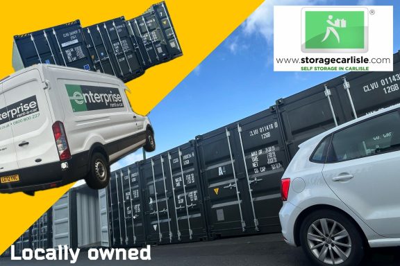 White van and car parked near storage containers with a green logo, promoting local ownership.