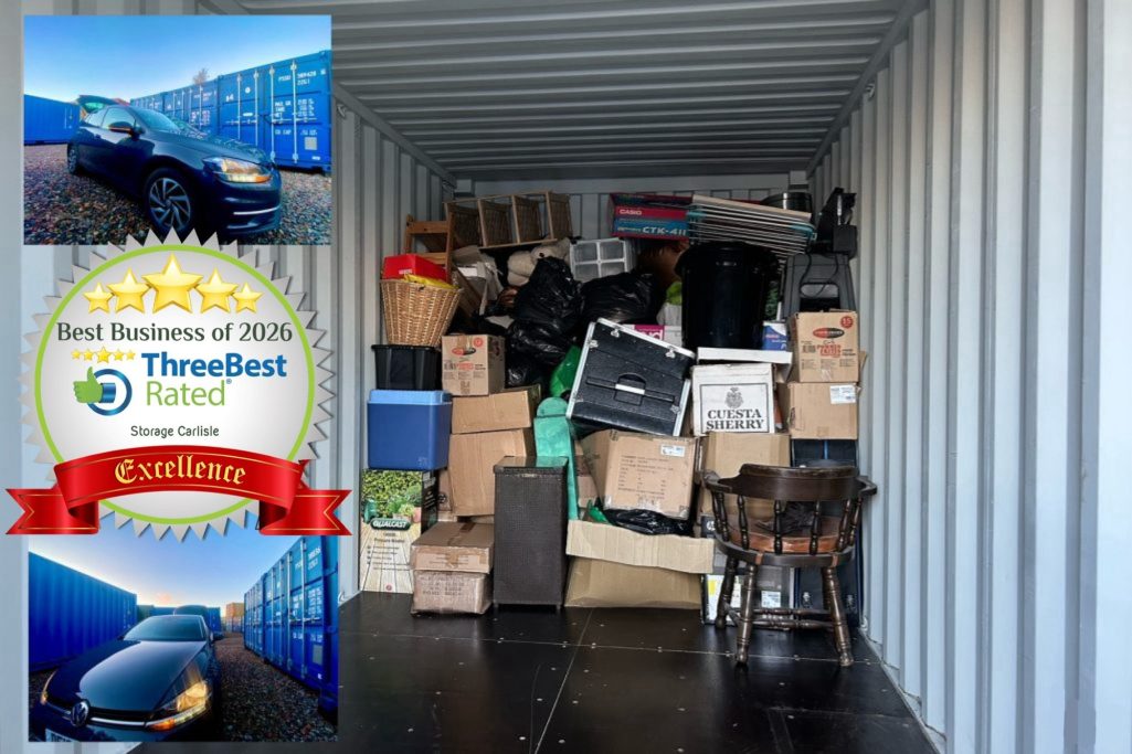 A storage container filled with boxes, furniture, and various items.