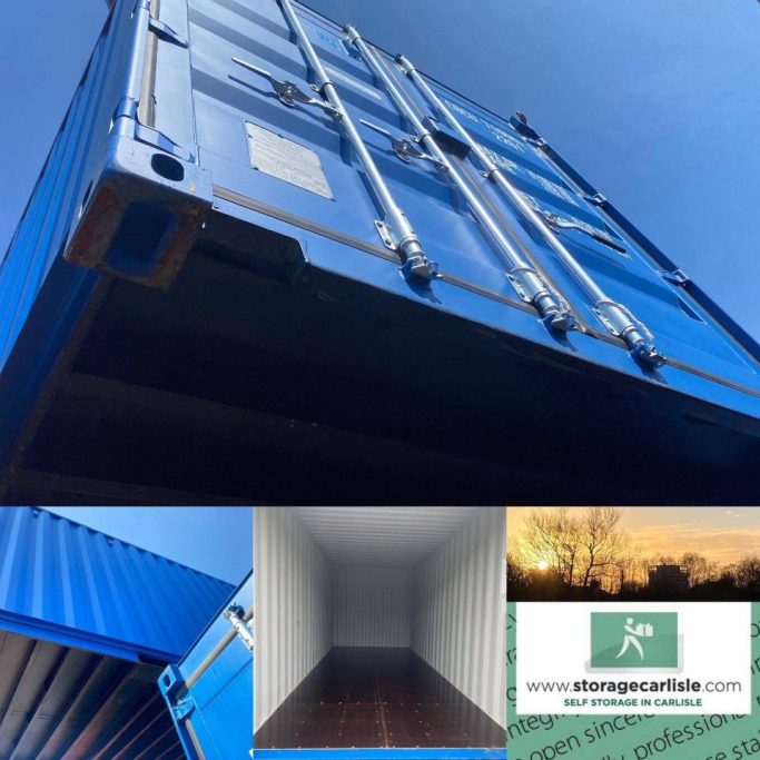 Blue shipping container viewed from below on a self storage facility, with clear sky and interior shot.