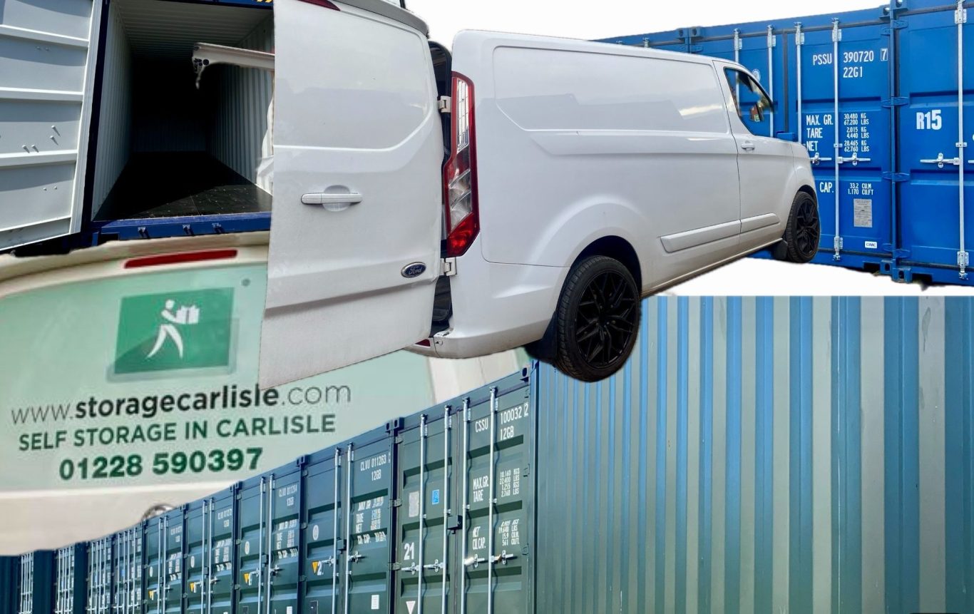 a montage of shipping containers and vans on a storage depot