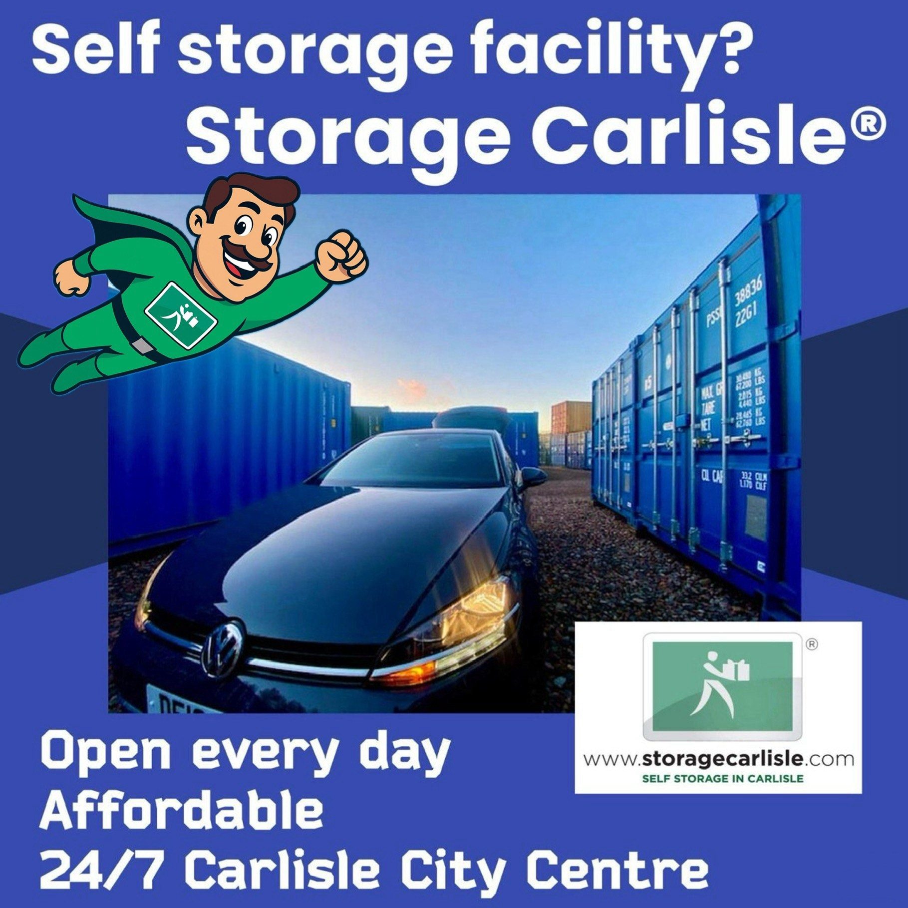 Black car parked between storage containers, with promotional text for a storage facility.