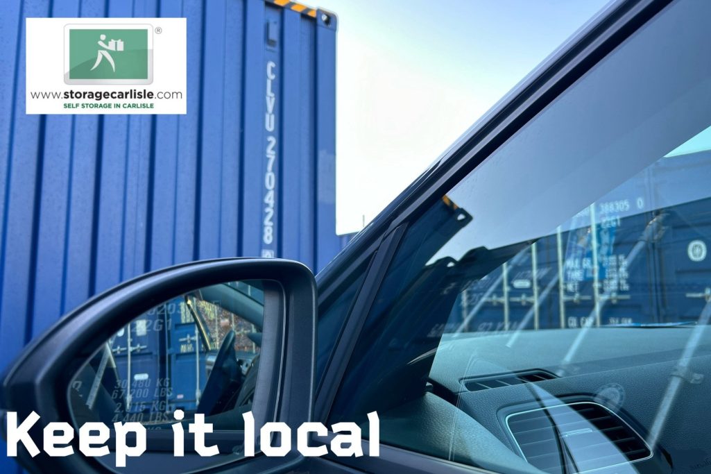 a car parked beside a storage container 