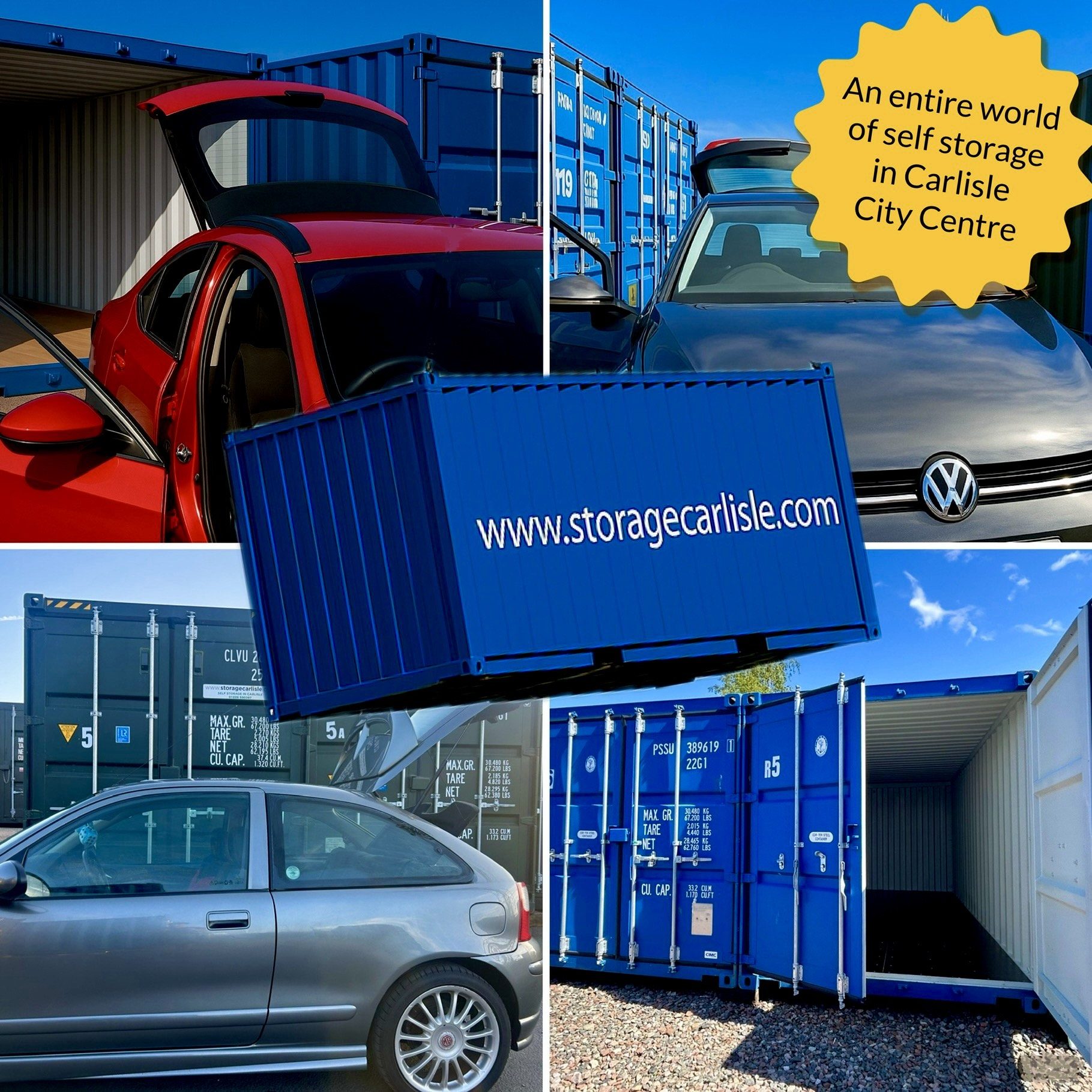 Collage of storage containers with a car unloading goods with the words "www.storagecarlisle.com" promoting self-storage services.