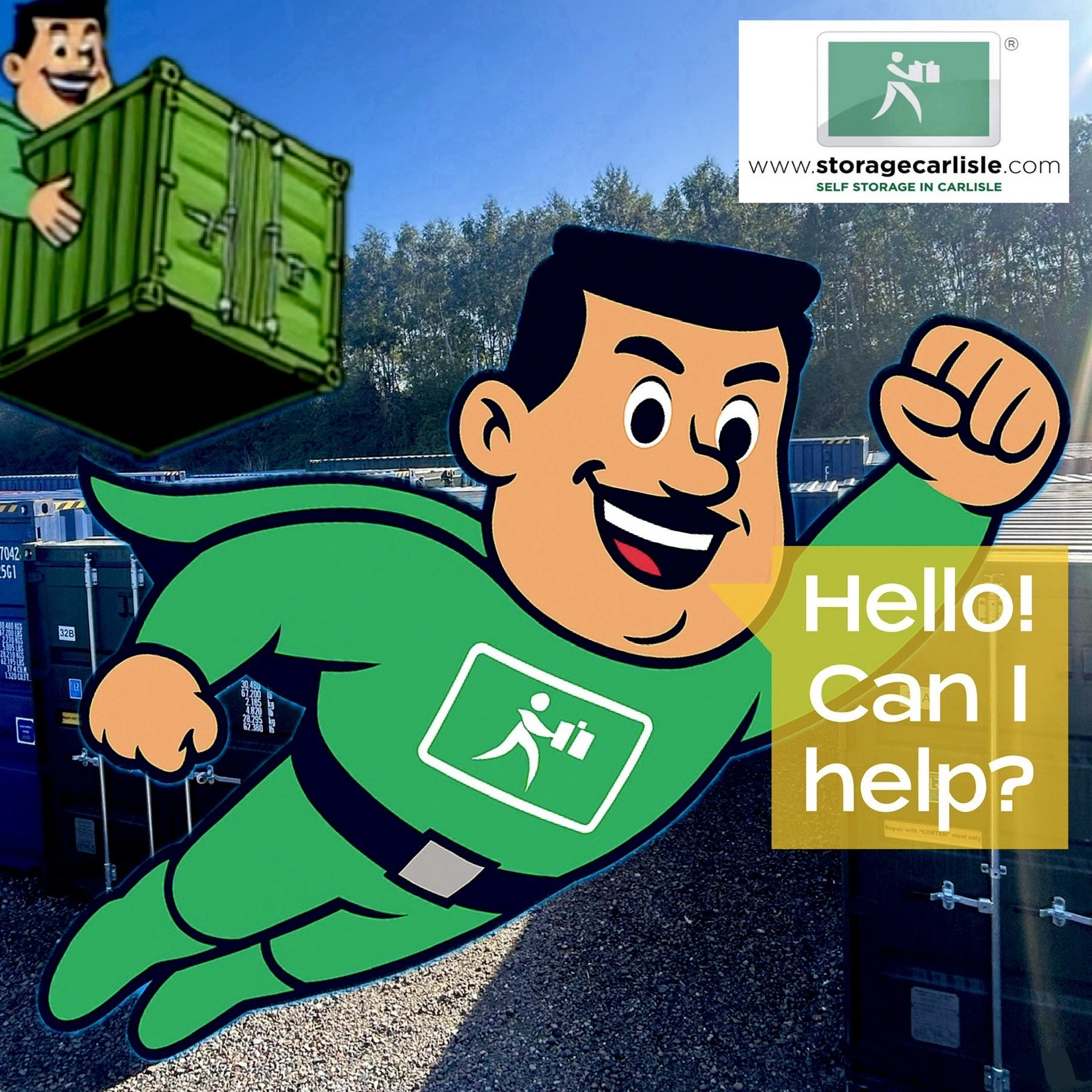 A cartoon superhero in a green outfit flying with a shipping container, offering help.