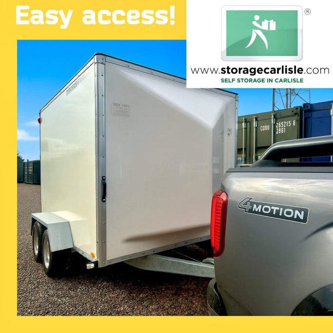 A storage trailer connected to a vehicle, showcasing easy access features.