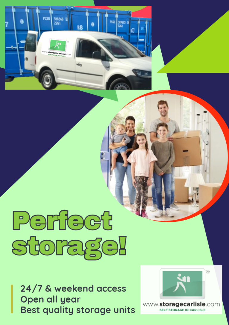 self storage facility showing a van next to a storage unit and happy family