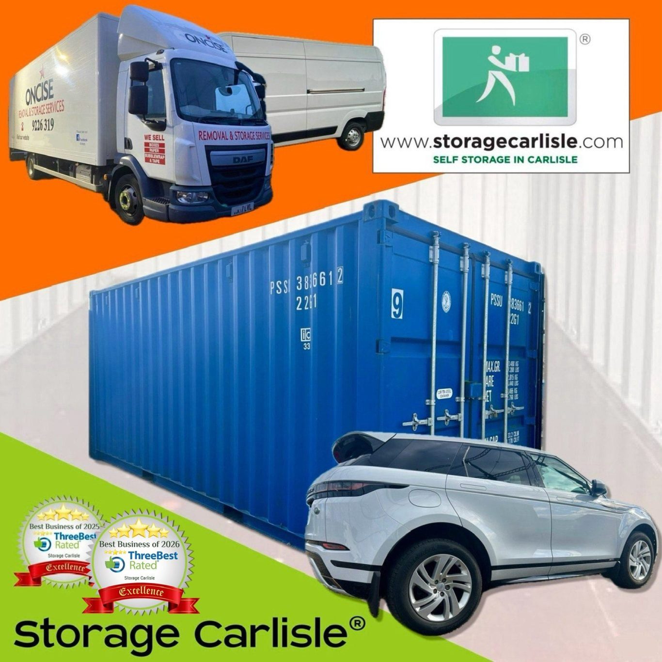 A blue storage container, a delivery truck, and a silver car on a colourful background.
