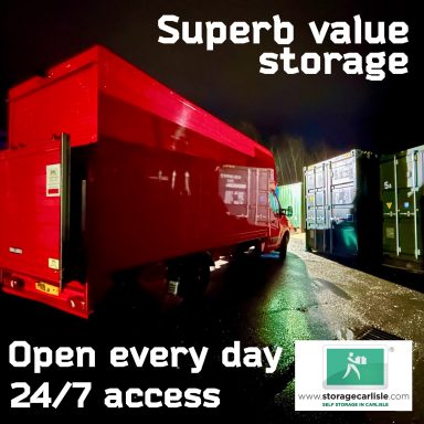 Red delivery vehicle parked next to shipping containers at night with text promoting 24/7 access and superb value.