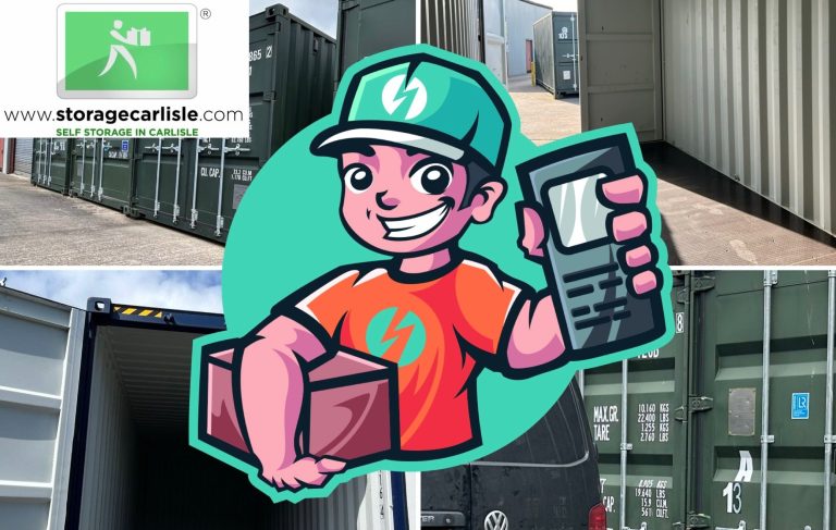 cartoon person holding a mobile phone beside shipping containers