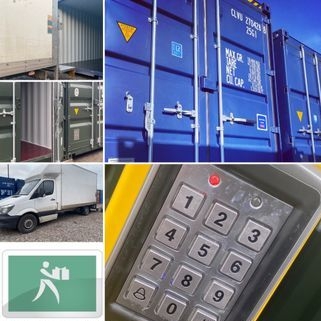 montage of shipping containers on a self storage facility and keypad entry