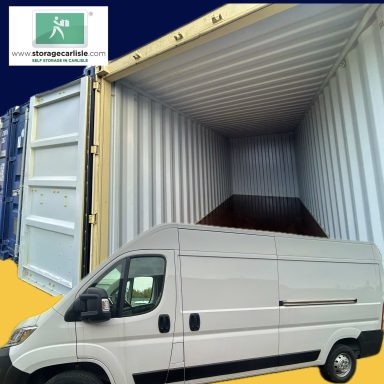 A white van parked beside an open shipping container.