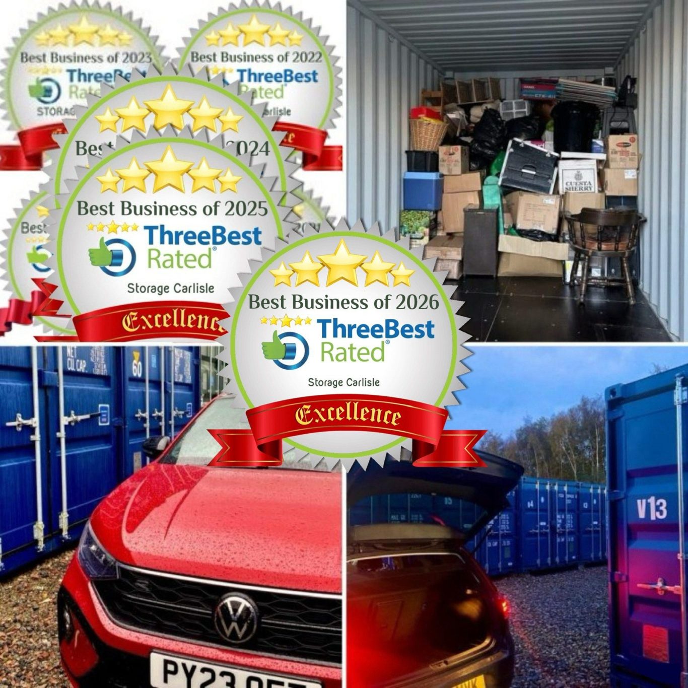 inside a shipping container Award Badges for best rated services, stacked boxes in storage containers, and a parked car.