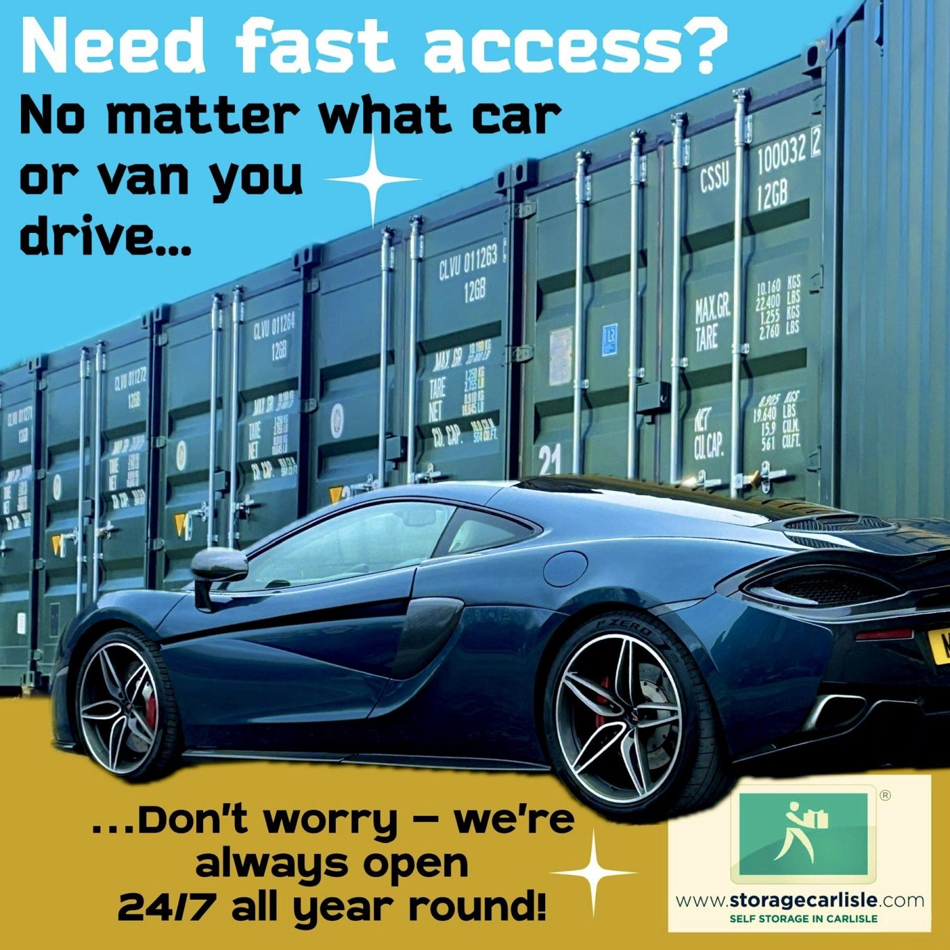 A sleek sports car parked in front of shipping containers with a promotional message promoting speed and ease of access.