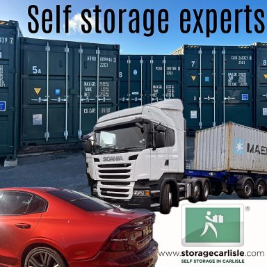 Self-storage services featuring a truck, storage containers, and a red car.