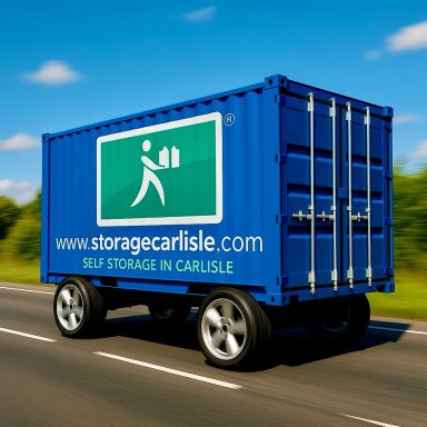 Blue storage container on wheels, featuring a logo and website for self-storage services.