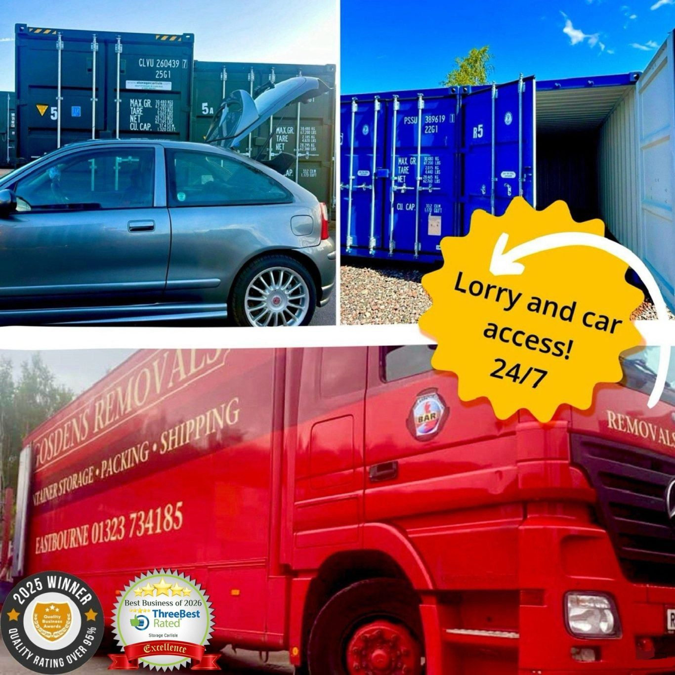 Collage of vehicles including a car, blue shipping containers, and a red removals lorry unloading contents into a shipping container.