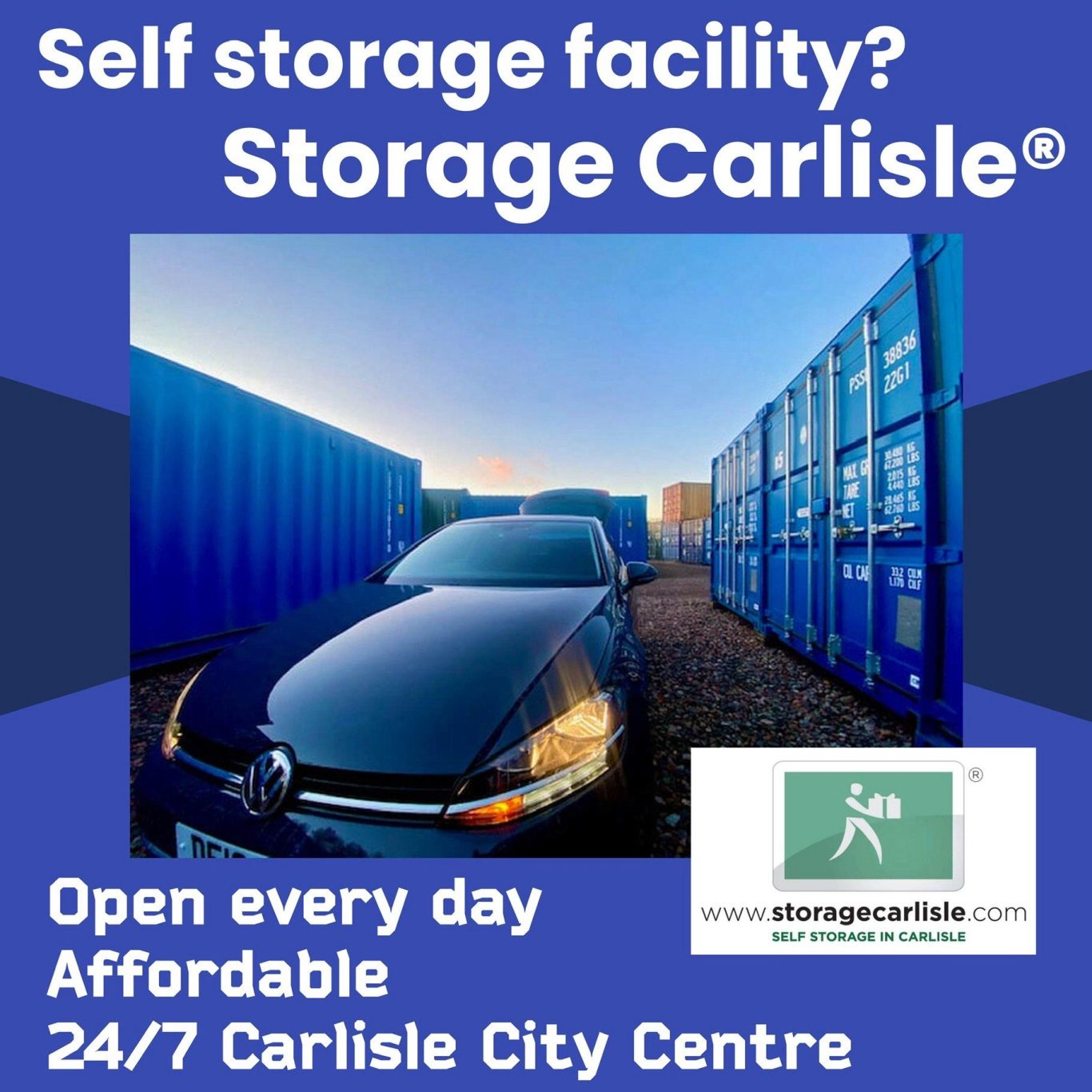 A car parked near storage containers with promotional text for Storage Carlisle.