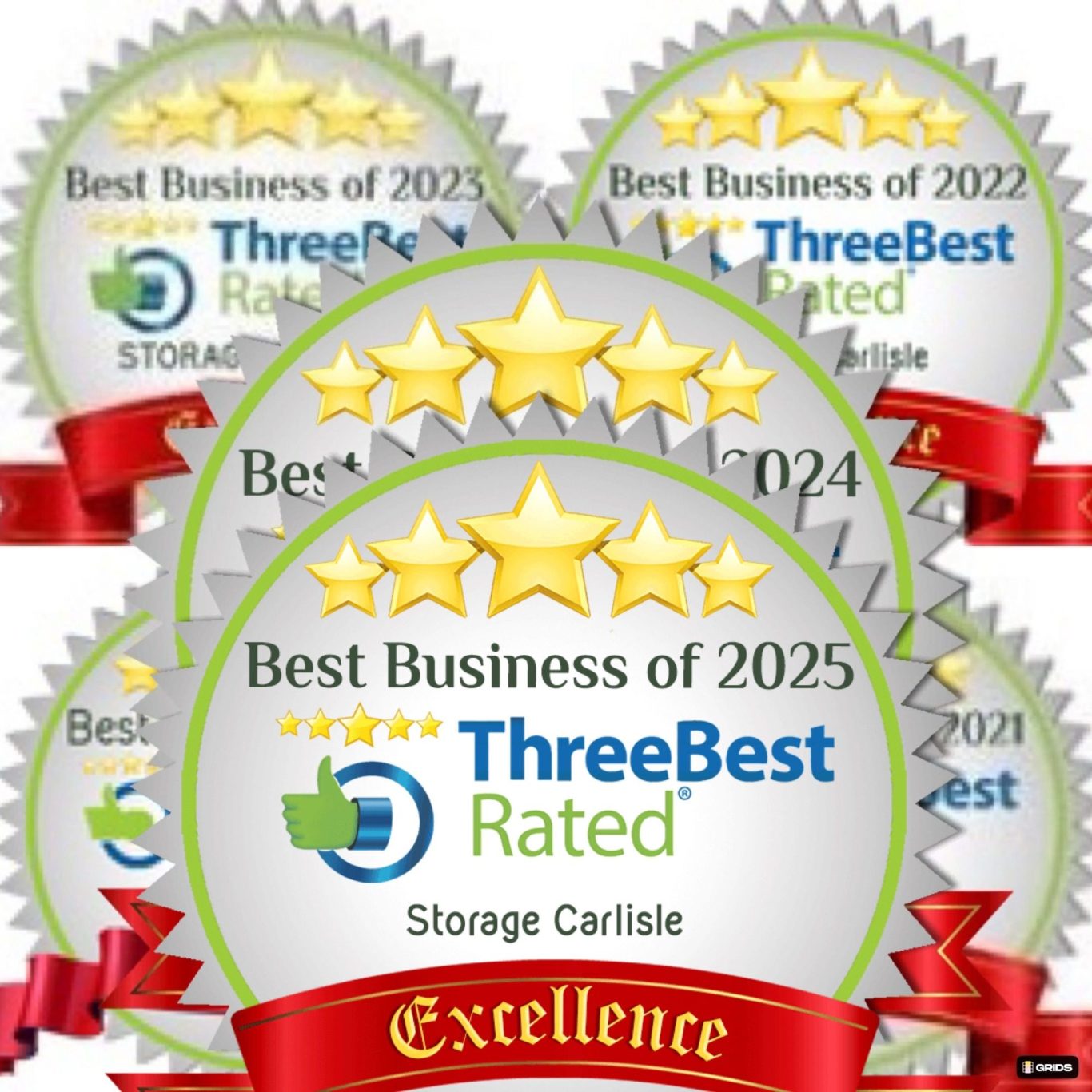 Four award badges featuring stars and text indicating "Best Business" and ratings for 2020-2025.