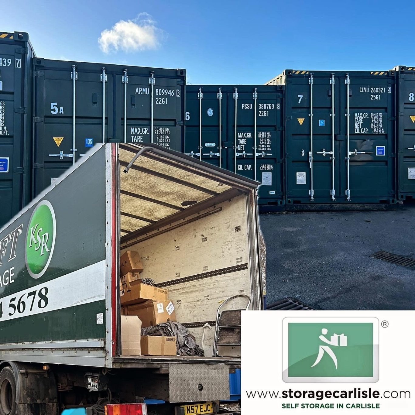 A delivery removals truck parked in front of several shipping containers at a storage facility.