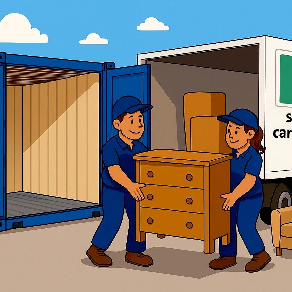 Two movers carrying a wooden dresser towards a moving truck and storage container.