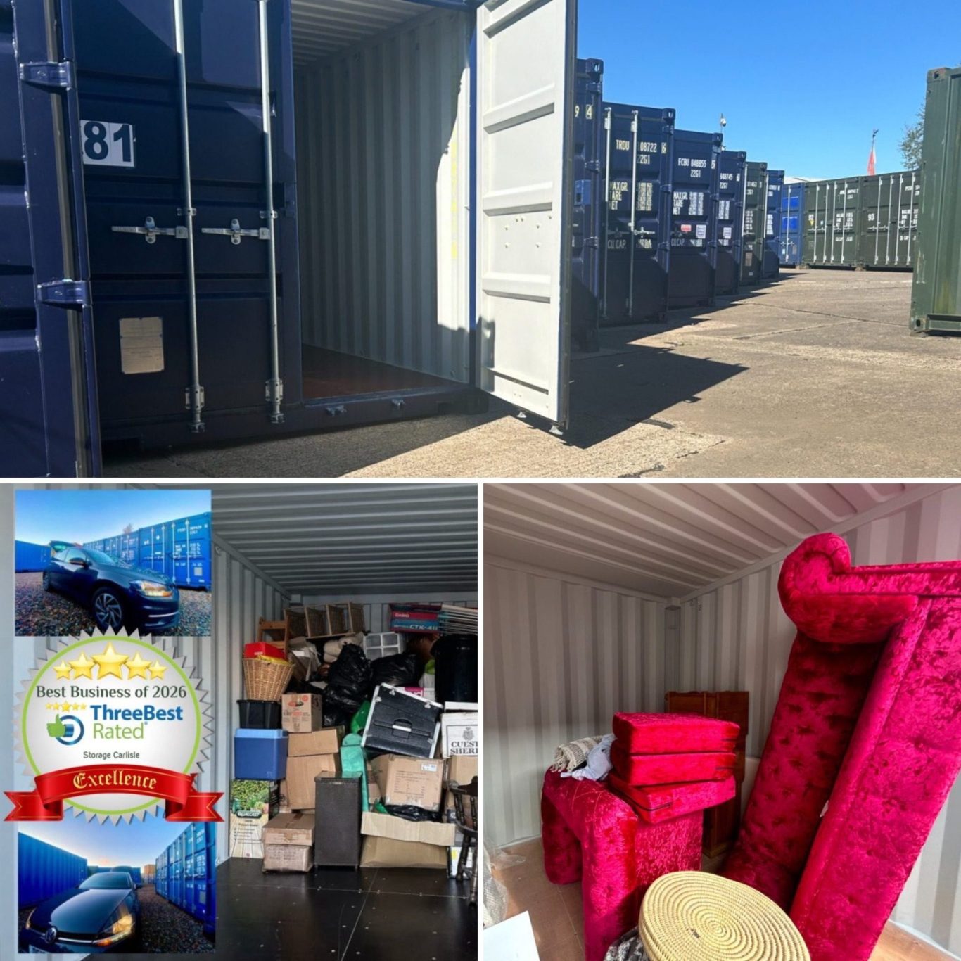 Open shipping container among multiple shipping containers used for self storage purposes showing furniture inside them.